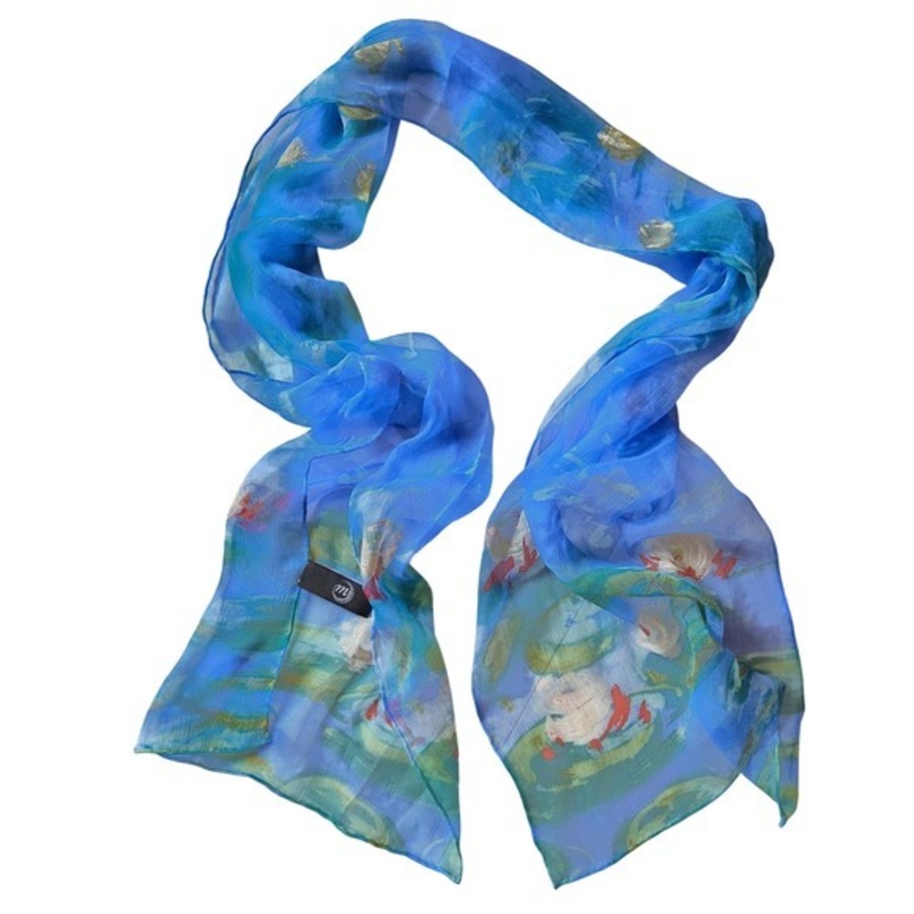 Vintage 100% Silk Water Lilies Scarf Monet Style Metropolitan Museum Art 62x12 - Picture 1 of 10